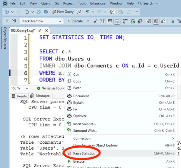 Right-click, Parse Statistics
